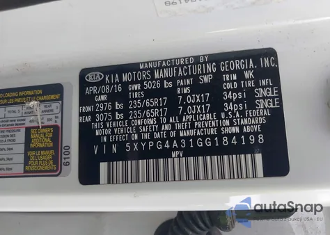 2016 Kia Sorento 2.4L Lx из США, поврежденный, VIN 5XYPG4A31GG184198